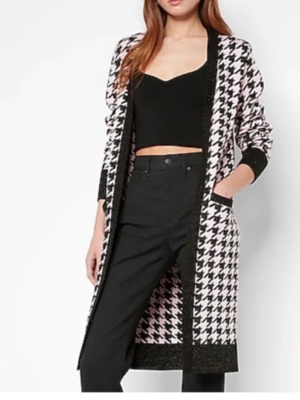 EXPRESS Metallic Houndstooth Print Duster Cardigan